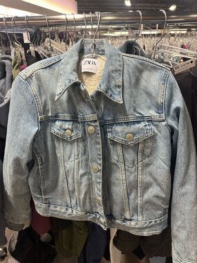 ZARA Light Blue Denim Jacket with Sherpa Collar